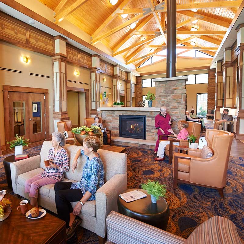 A beautiful commons, seating area at John Knox Village, a retirement community in Lees Summit.