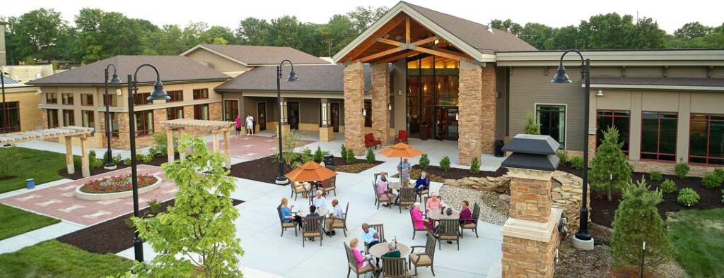 Drone view of a courtyard area at John Knox Village