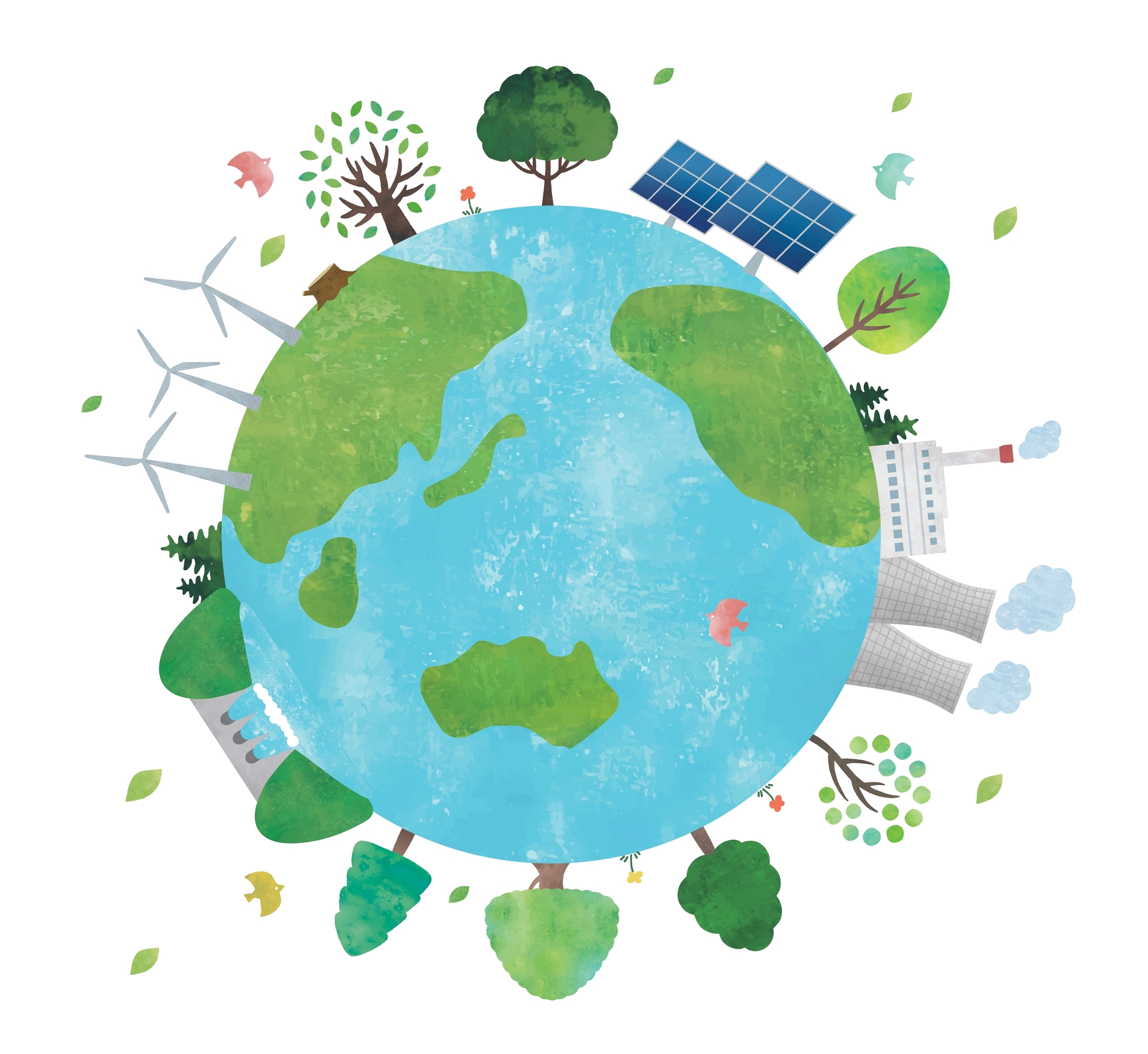map of the earth with trees and windmills around the earth