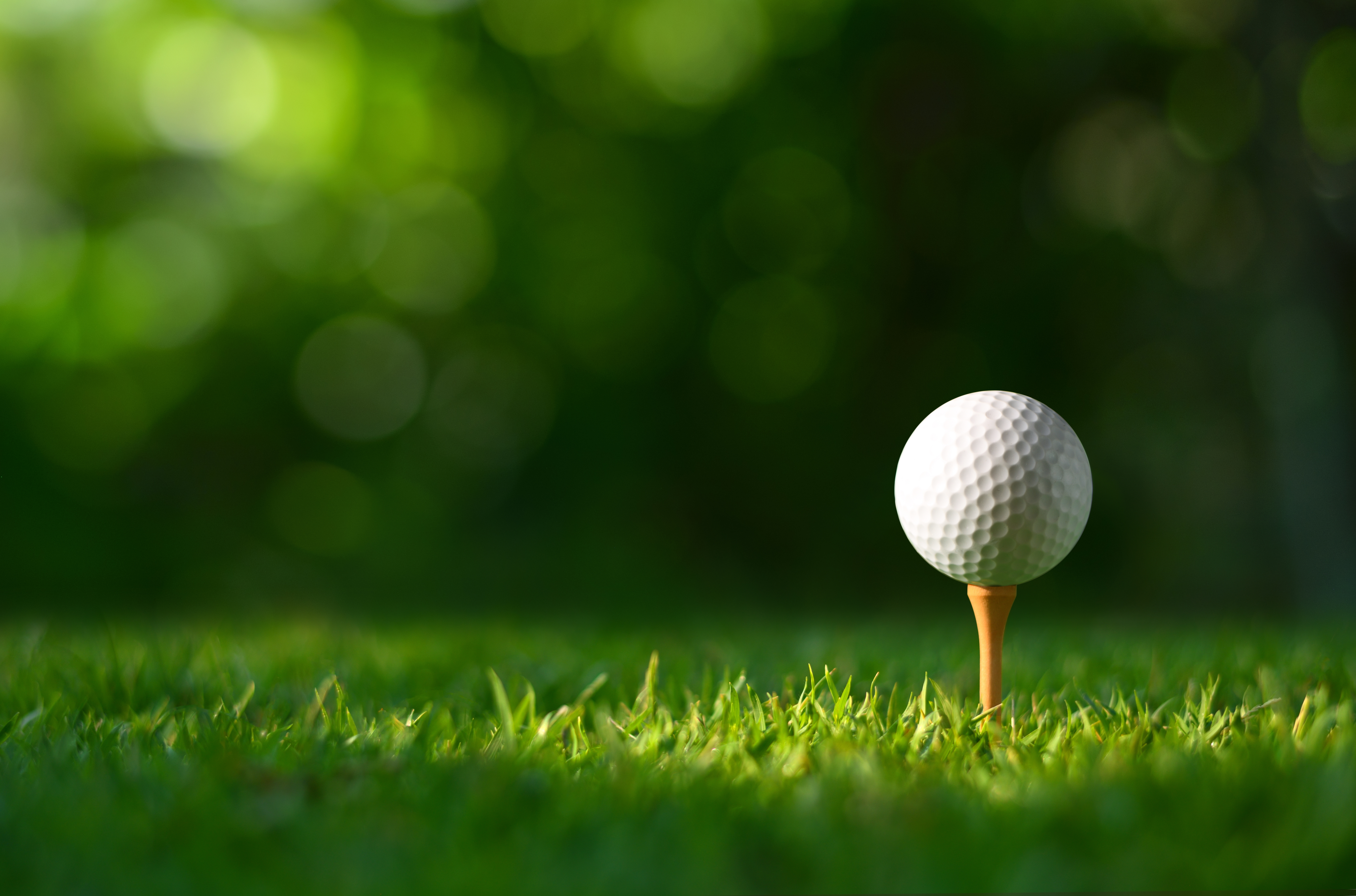 Close-up,Golf,Ball,On,Tee,With,Blur,Green,Bokeh,Background. golf ball on tee