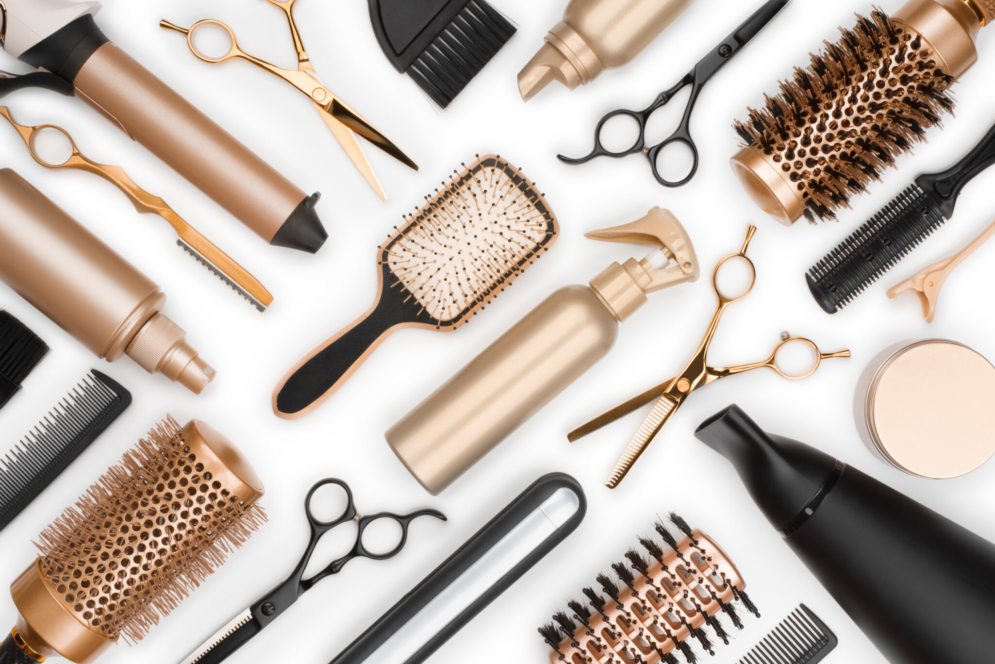 Full,Frame,Of,Professional,Hair,Dresser,Tools,On,White,Background brushes, curling irons, scissors, hair dryer, professional hair salon tools