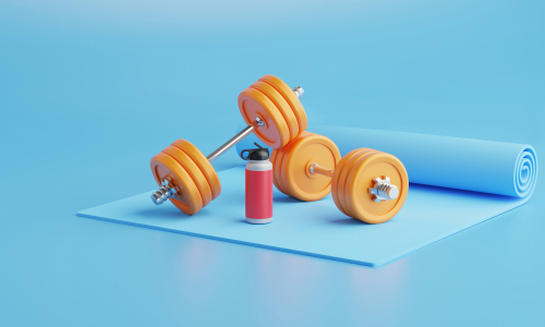 3d,Rendering,Exercise,Mat,With,Weights,And,Watter,Bottle,Fitness. Fitness equipment